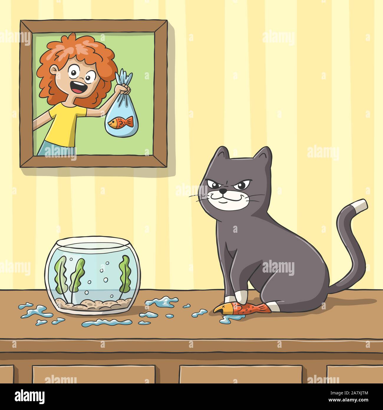 Cat jouer avec poissons rouges. Hand drawn vector illustration avec des calques distincts. Illustration de Vecteur