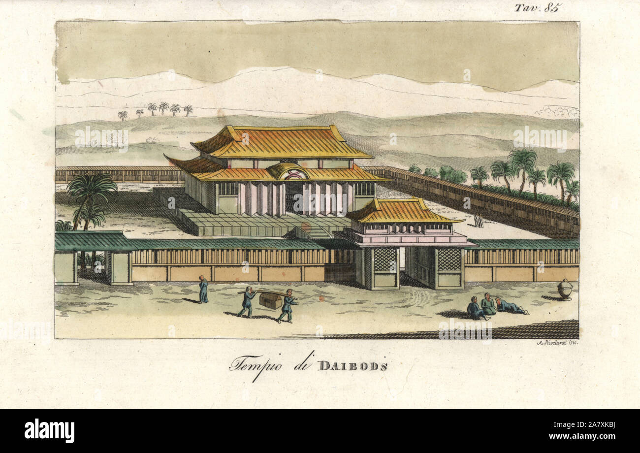 Sanjusangen-do ou salle des Lotus King, temple bouddhiste près de Kyoto. Accueil de la mille Kannon armés. La gravure sur cuivre coloriée par Andrea Bernieri de Giulio Ferrrario Costumes d'Antique et de moderne de tous les peuples (Il Costume Antico e Moderno di tutti i Popoli), Florence, 1842. Banque D'Images