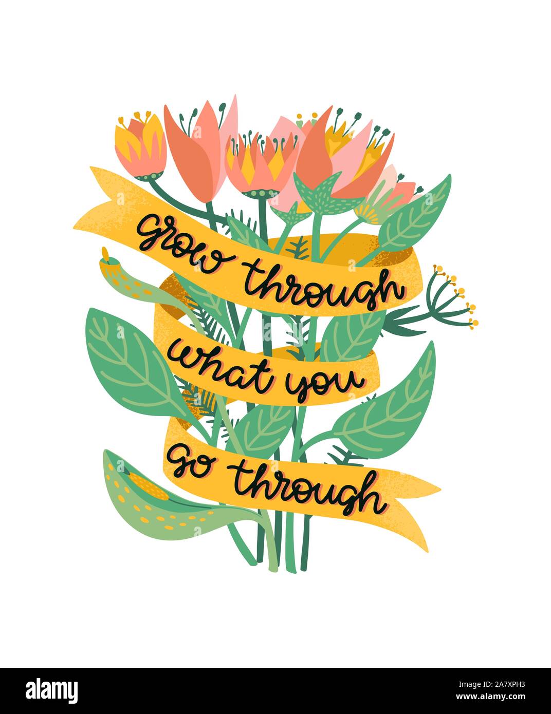 Se Developper Grace A Ce Que Vous Passer Citation De Motivation Soutien Illustre D Un Bouquet De Fleurs Sauvages Metaphore De La Recuperation A Partir De La Depression Image Vectorielle Stock Alamy