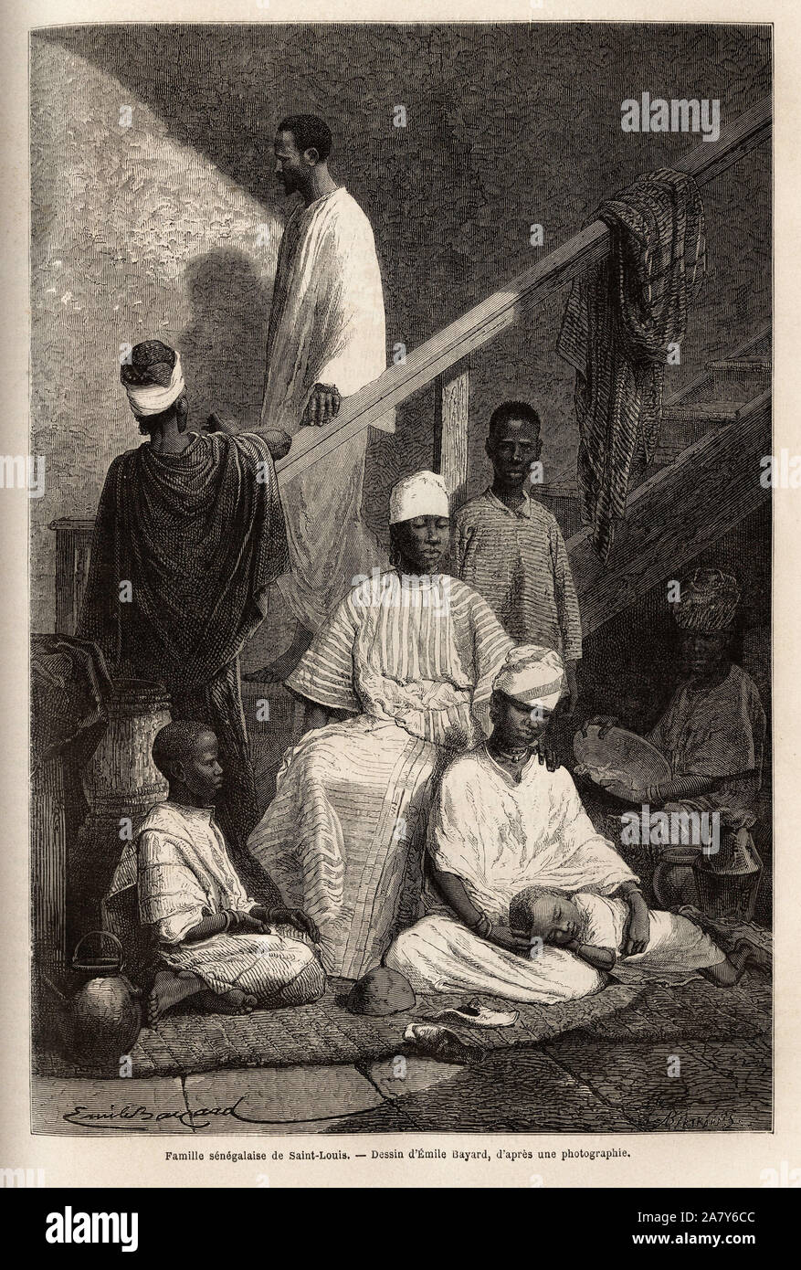 Une famille sénégalaise de Saint-Louis ( Saint Louis). La gravure pour illustrer une croisière : a la côte d'Afrique, par le vice-amiral Fleuriot de Langle Banque D'Images