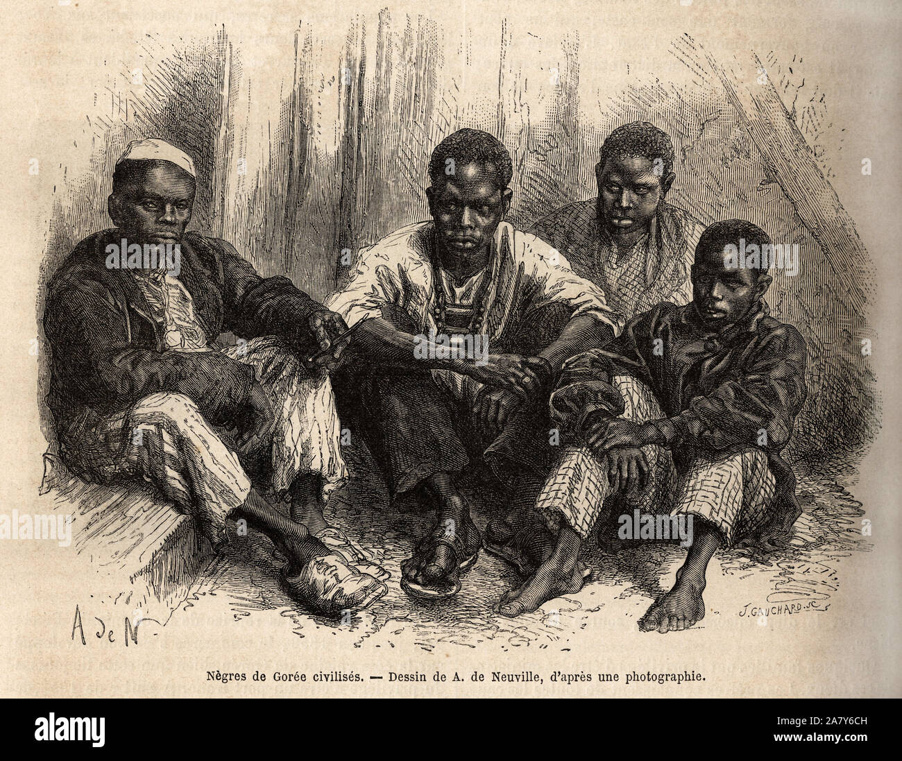 Anciens esclaves emancipes de Gorée (Sénégal). La gravure pour illustrer une croisière : a la côte d'Afrique, par le vice-amiral Fleuriot de Langle, fr 18 Banque D'Images