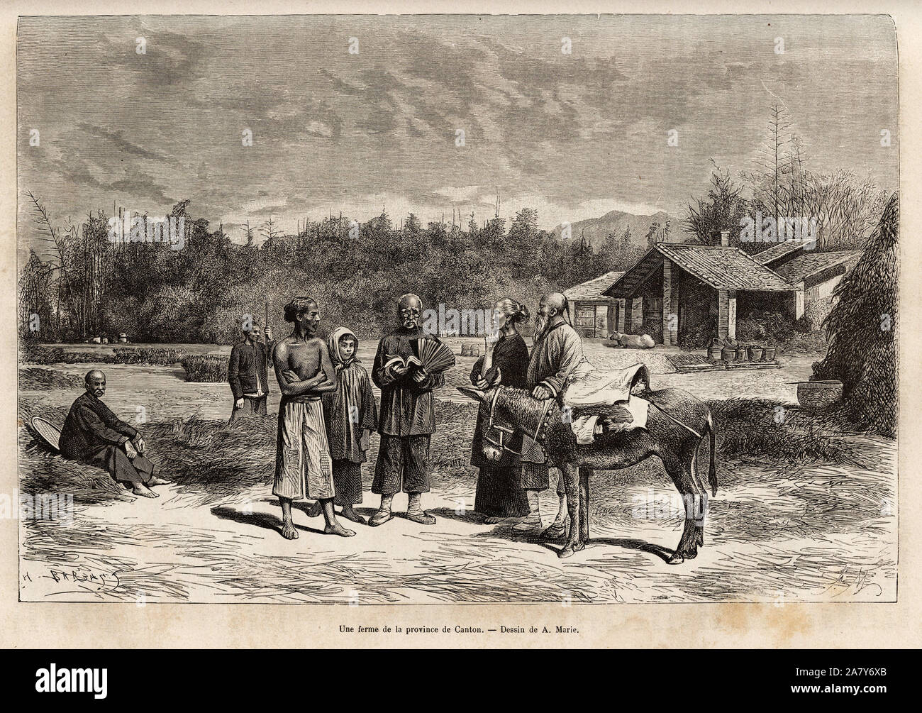 Une ferme de Sam Choui, dans la province de Canton, avec le proprietaire ( au centre), entoure de sa famille et quelques employés agricoles, gravure d Banque D'Images