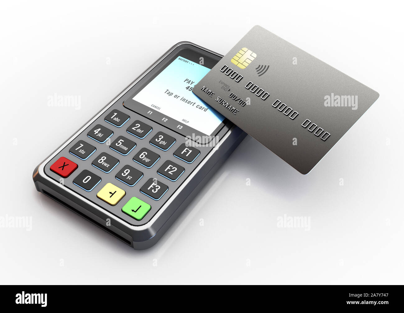 Une carte de débit portable machine avec une carte bancaire sur l'écran et de leurs transactions sur un arrière-plan blanc isolé studio - 3D render Banque D'Images