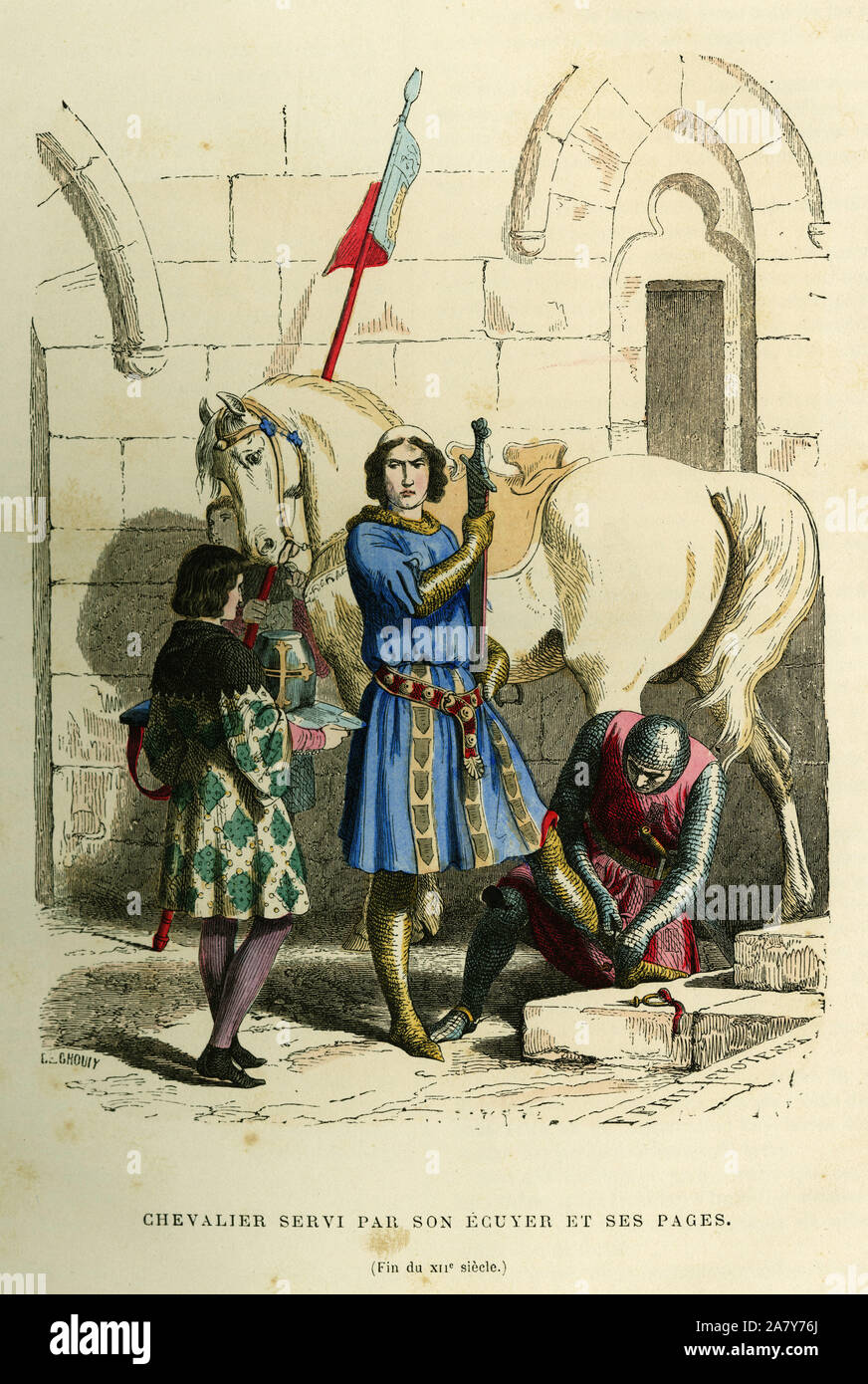 Chevalier servi par son écuyer et ses pages. Gravure en couleurs, dans "la France et les francais a travers les siecles" par Augustin Challamel, F.Roy e Banque D'Images