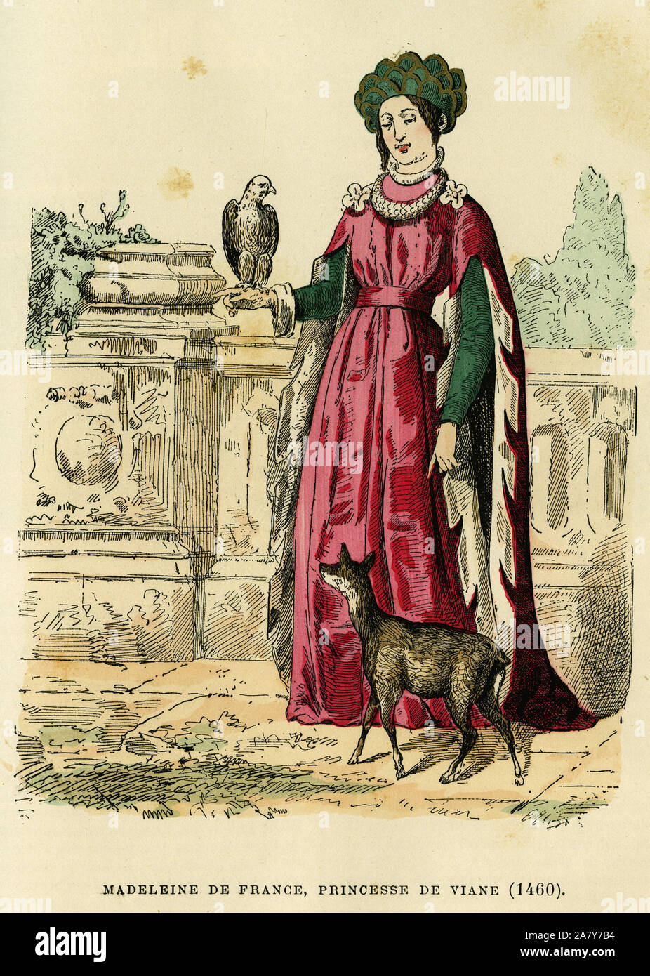 Portrait de Madeleine de France, princesse de Viane (1443-1495), regente du royaume de France a partir de 1470 jusqu'a 1494. Gravure en couleurs, en Banque D'Images