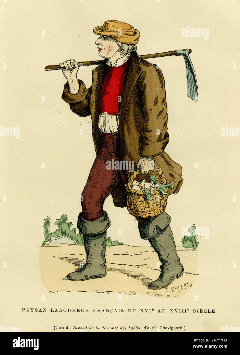 Costume de paysan laboureur du XVIeme siecle au XVIIIeme. Gravure en couleurs d'après un dessin de Chevignard, dans "la France et les francais a travers Banque D'Images