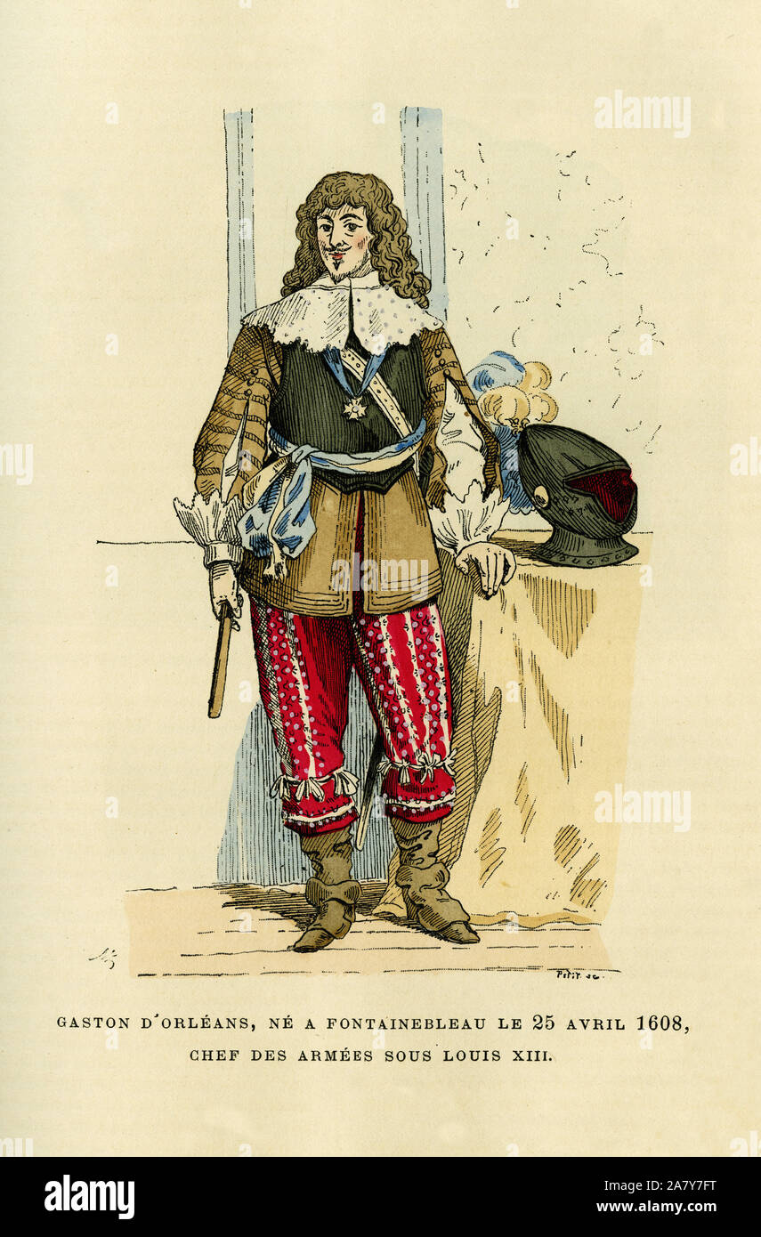 Portrait de Gaston d'Orléans (1608-1660), deuxième fils d'Henri IV (1553-1610), chef des armees sous le regne de Louis XIII (1601-1643). Gravure en c Banque D'Images