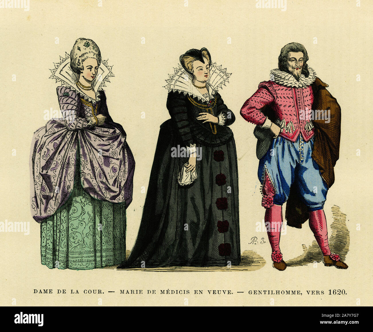 Portrait de Marie de Médicis (1573-1642), reine de France, en habit de veuve, entouree d'une dame de la cour et d'un gentilhomme, vers 1620. Gravure Banque D'Images