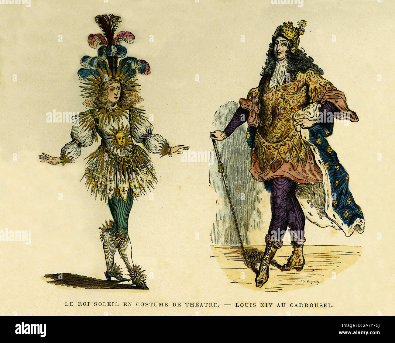 Portraits du roi Louis XIV ( 1638-1715), en costume de théâtre et au carrousel. Gravure en couleurs, dans "la France et les francais a travers les siecl Banque D'Images