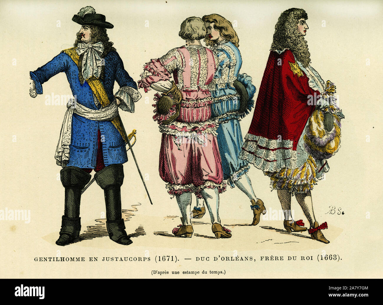 Costumes de gentilshommes en justaucorps, vers 1671 et portrait de Philippe de France (1640-1701), duc d'Orléans, surnomme Monsieur, frère du roi Lo Banque D'Images