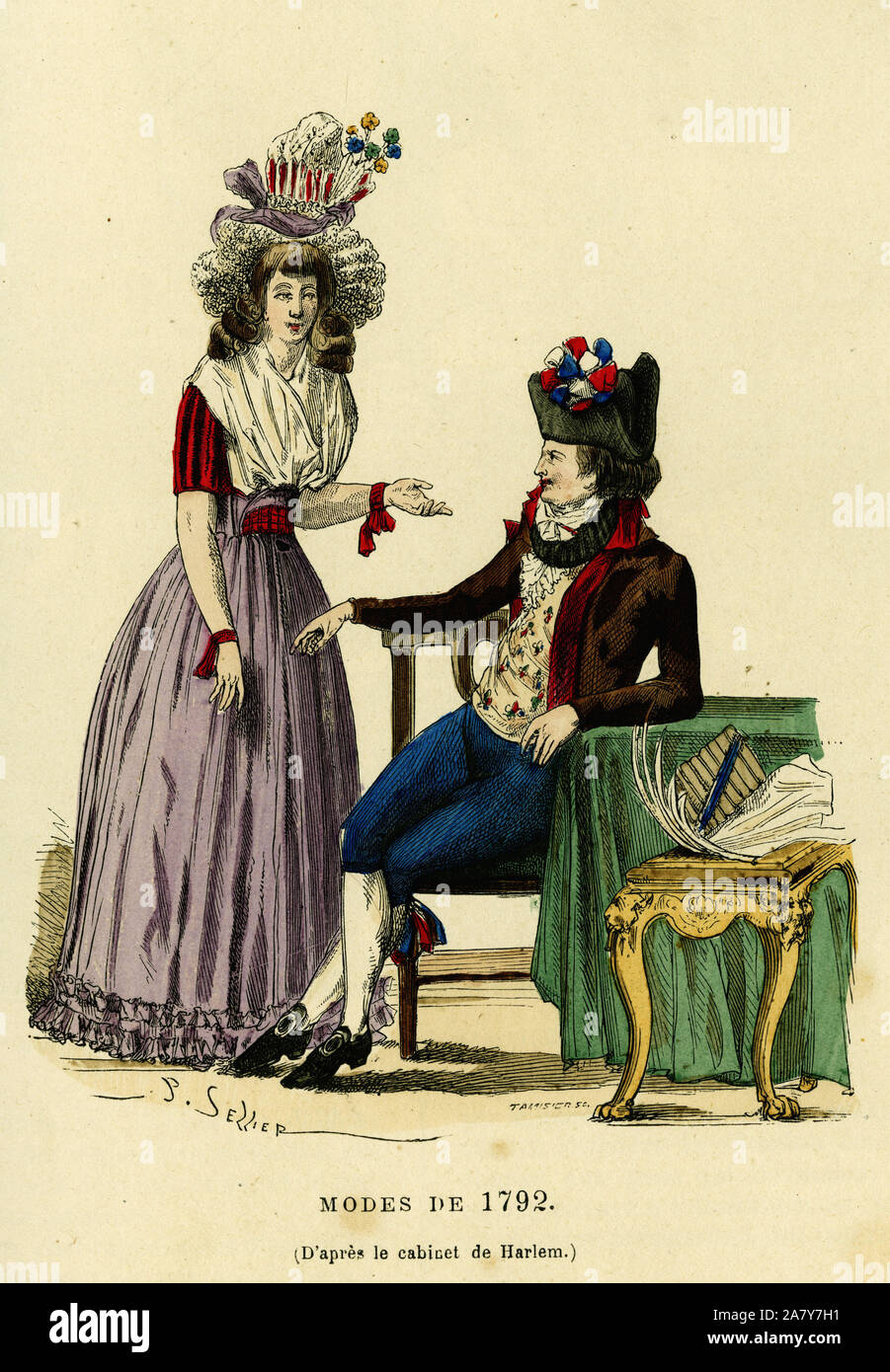 Un couple de la mode de 1792. Gravure en couleurs d'après le dessin du cabinet de Harlem, dans "la France et les francais a travers les siecles' par Augusti Banque D'Images