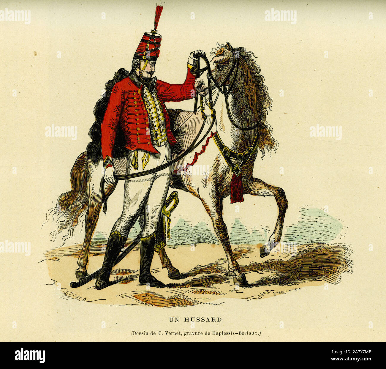 Costume de hussard avec son cheval. Gravure en couleurs d'après un dessin de C.Vernet, dans "la France et les francais a travers les siecles' par August Banque D'Images