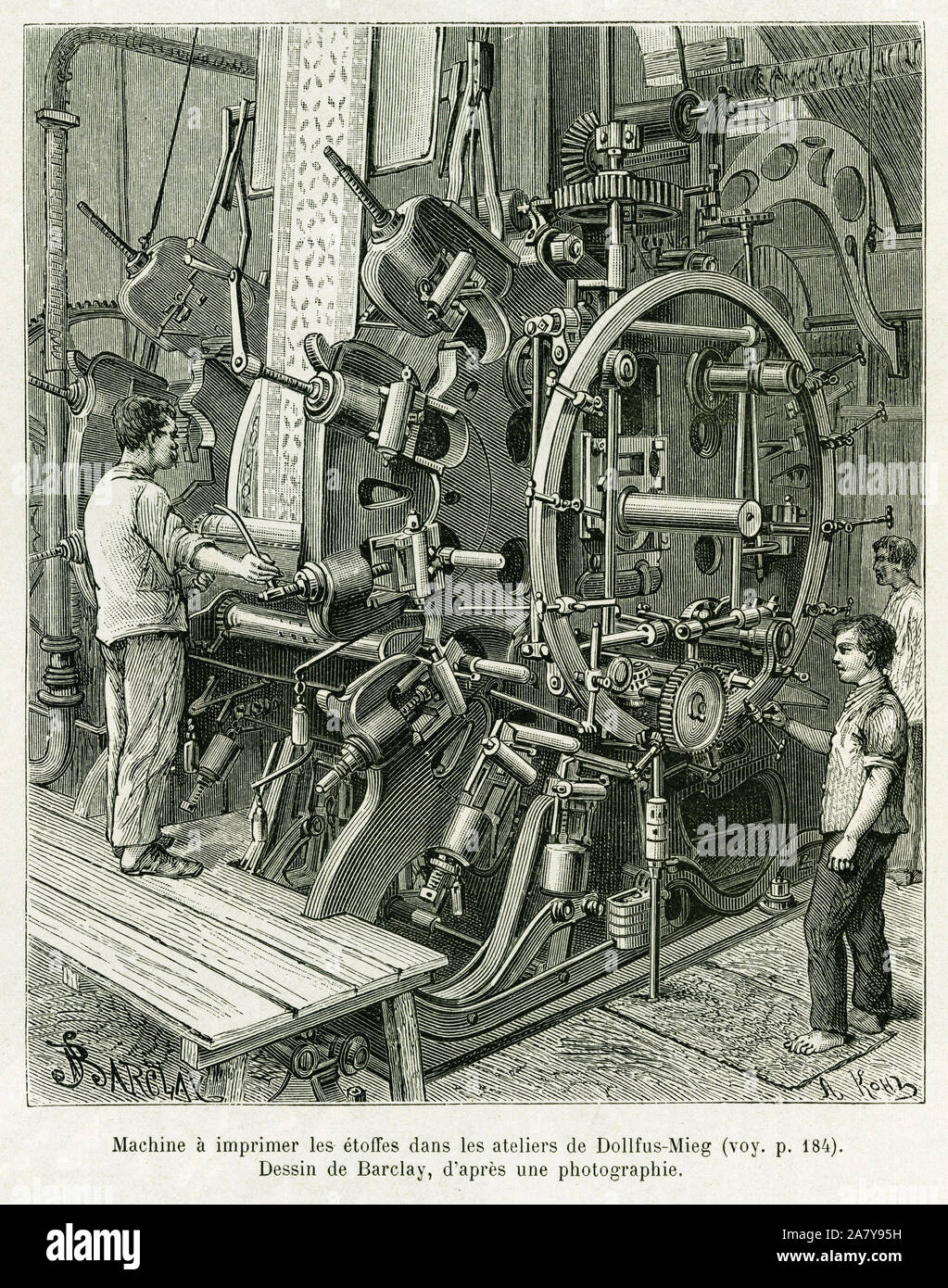 Une machine à imprimer les etoffes dans les ateliers Dollfus Mieg. Gravure de Barclay pour illustrer le recit A travers l'Alsace et la Lorraine, par Charl Banque D'Images