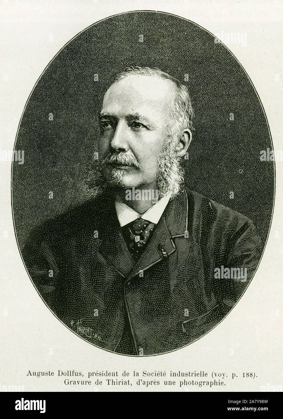 Auguste Dollfus, président de la societe industrielle Dollfus Mieg. Gravure de Thiriat pour illustrer le recit A travers l'Alsace et la Lorraine, par Banque D'Images