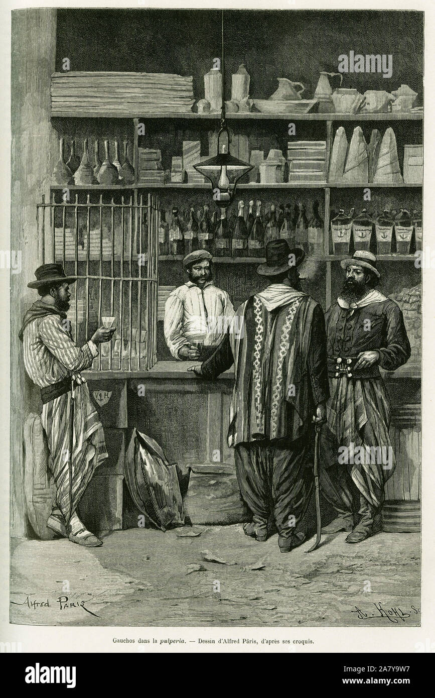 Gauchos dans la pulqueria. Gravure de Alfred Paris, pour illustrer le recit d'un voyage la Plata, en 1886, par Emile Daireaux , dans le tour du monde, 1888 Banque D'Images