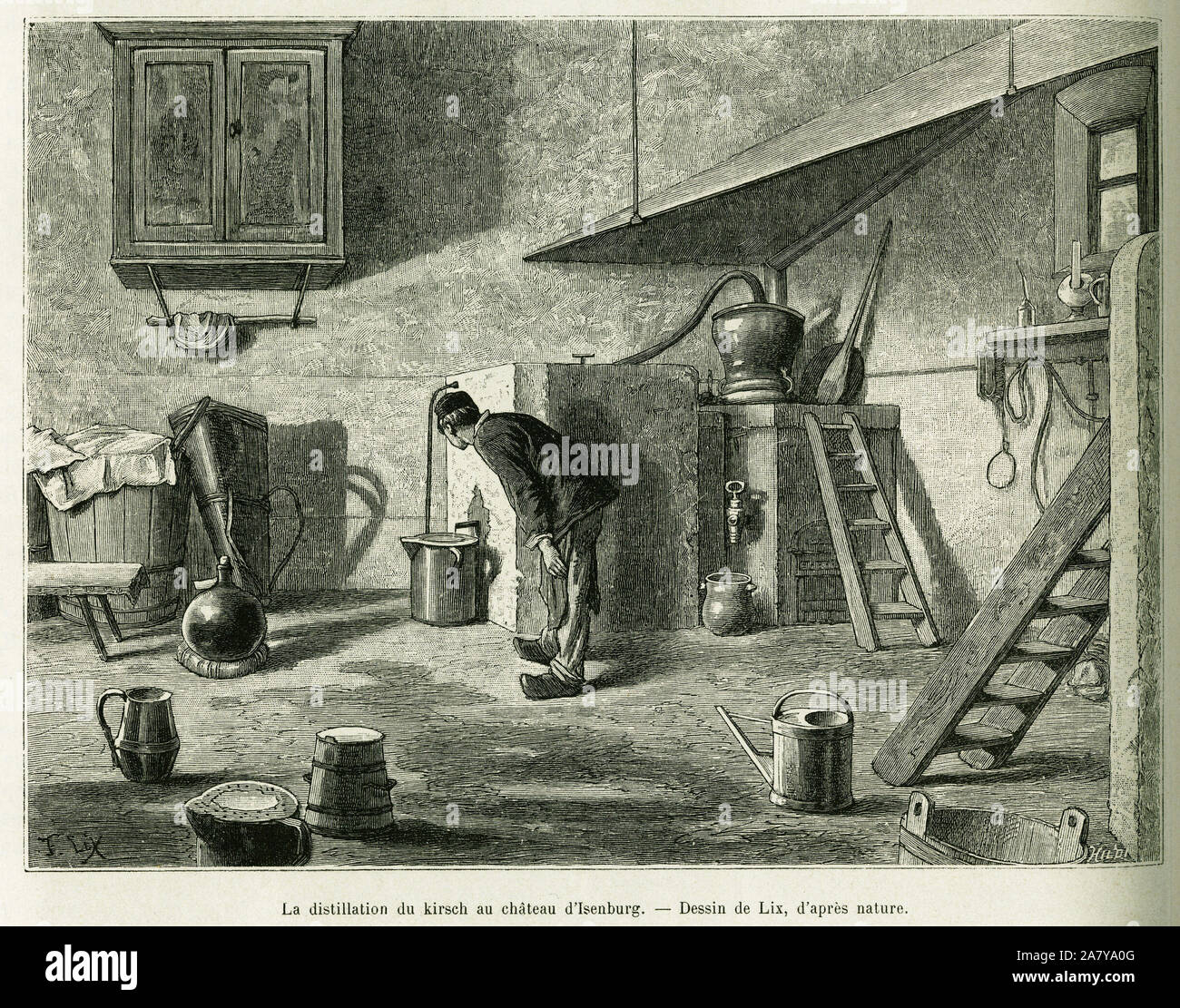 La distillation du kirsch au château d'Isenburg. Gravure de Lix, pour illustrer le recit A travers l'Alsace et la Lorraine, en 1887, par Charles Grad, Banque D'Images