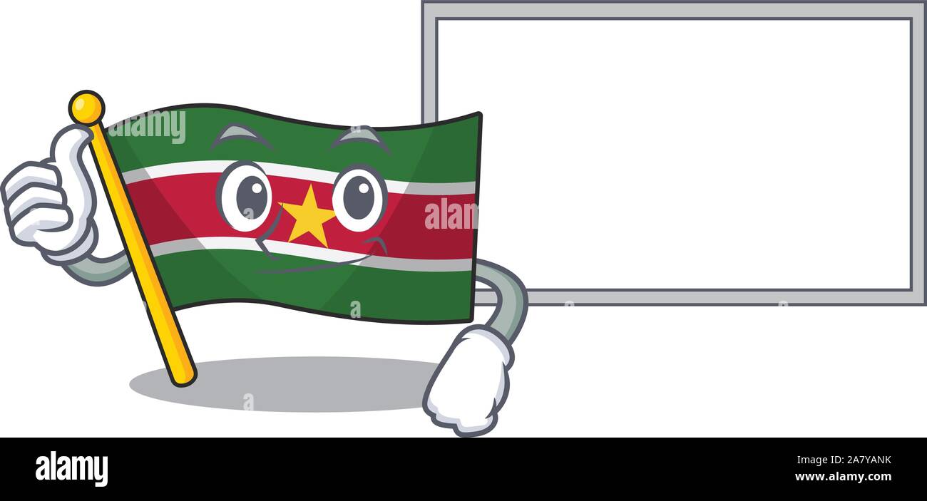 Heureux avec le Suriname drapeau cartoon Thumbs up with board Illustration de Vecteur