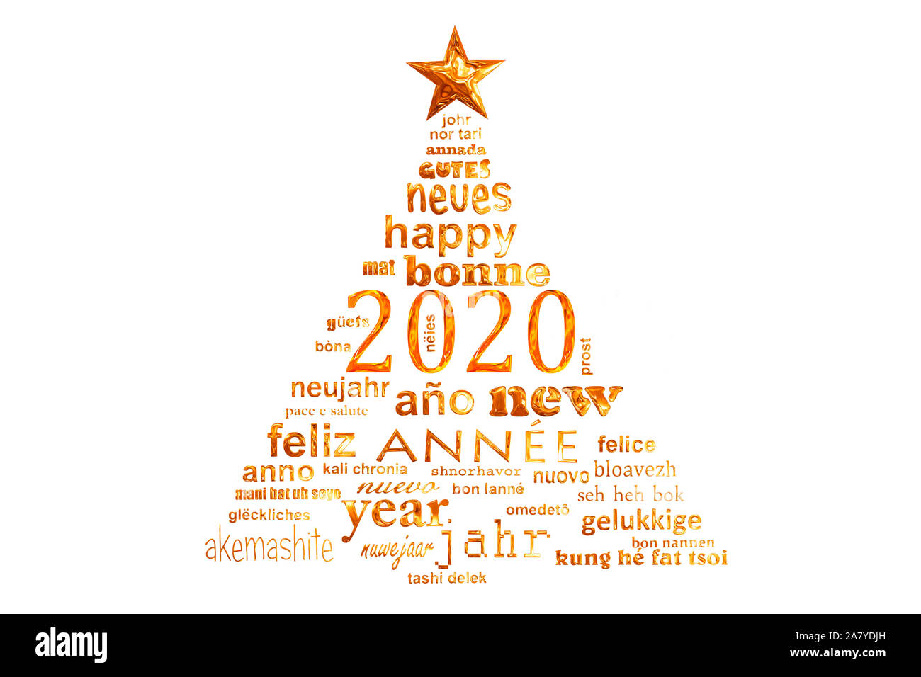 2020 Nouvelle année d'or nuage de mots de texte multilingue carte de souhaits sous la forme d'un arbre de Noël Banque D'Images