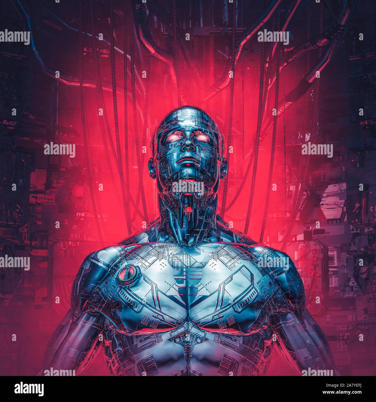 Visions Chrome reloaded / 3D illustration de la science-fiction métallique futuriste cyborg humanoïde de sexe masculin dans l'ordinateur core Banque D'Images