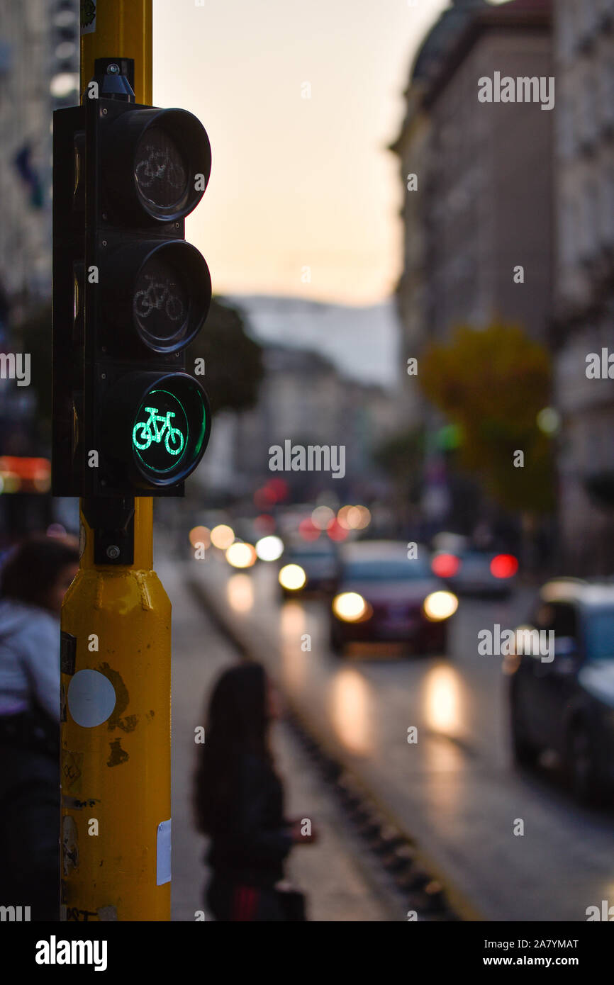 Feu vert pour les vélos sur un feu de circulation dans une rue de la ville, l'environnement urbain Banque D'Images