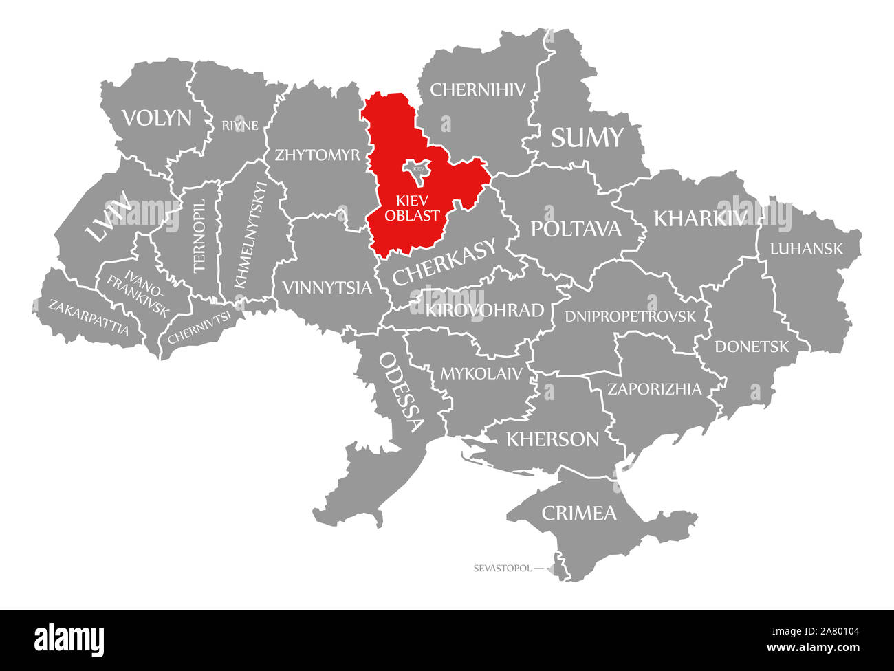Kiev Oblast red a mis en évidence dans la carte de l'Ukraine Banque D'Images
