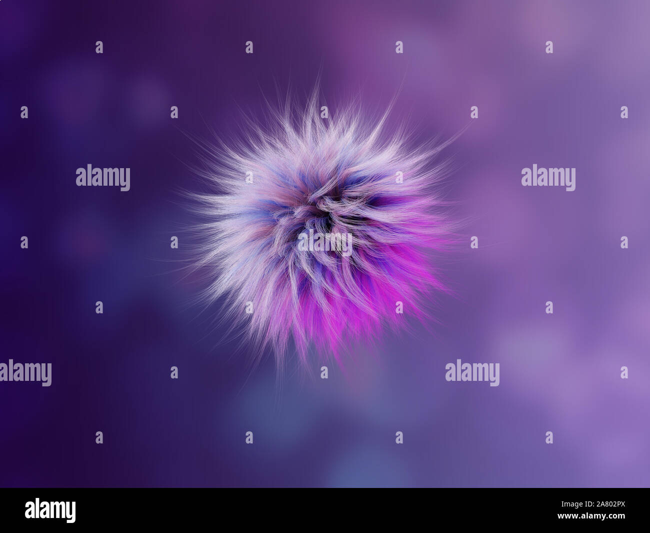 Très lumineux de fluff détaillées fourrure couleur multi-bumbonchik, rendu 3D abstrait illustration. Contre l'arrière-plan avec de beaux bokeh. Banque D'Images