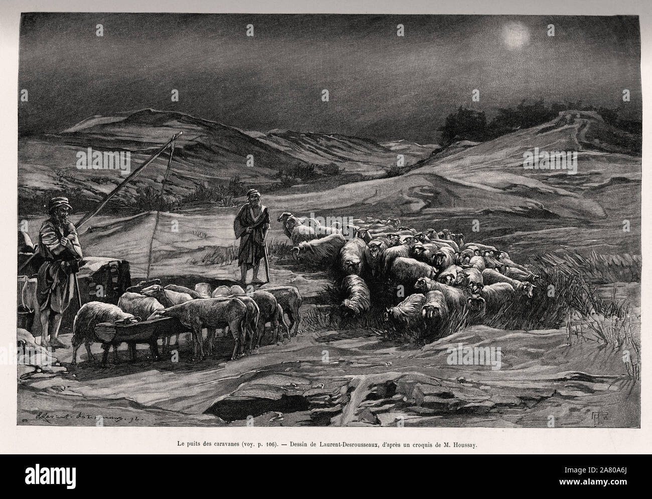Le puits des caravanes. Gravure de Laurent Tournier pour illustrer le recit 'A travers la Perse meridionale', par le C.Babin et F.Houssay, en 1885 Banque D'Images