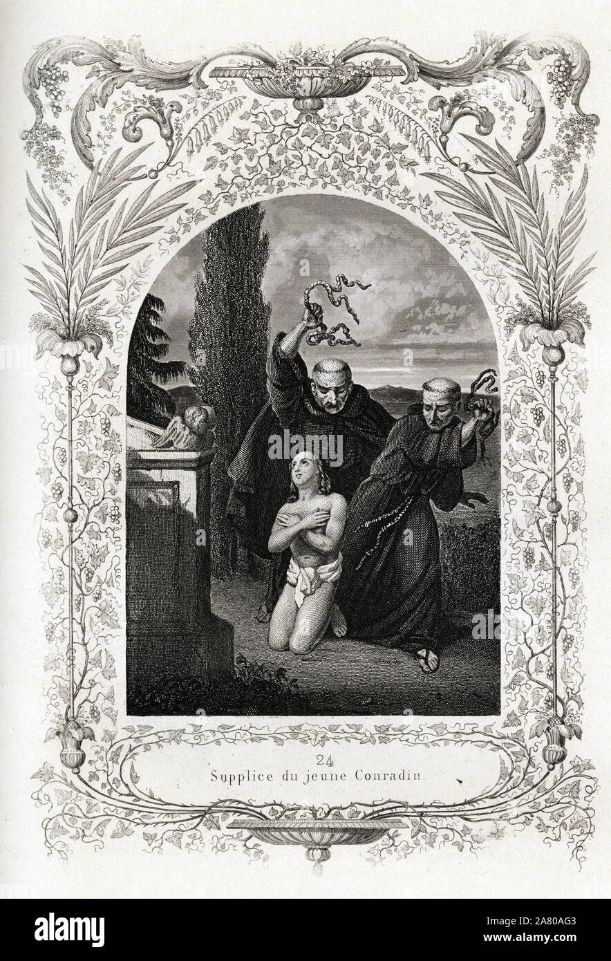 Le supplice du jeune Conradin de Hohenstaufen, roi de Sicile (Italie) et de Jérusalem (Israël) sous le nom de Conrad II, duc de Souabe sous le nom de Banque D'Images