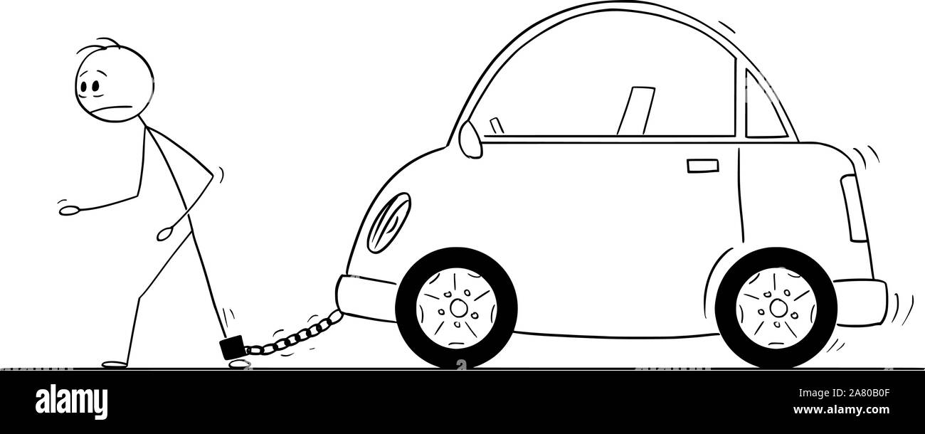 Vector cartoon stick figure dessin illustration conceptuelle de l'homme enchaîné par la chaîne de fer de sa voiture. Concept de voiture ou véhicule frais. Illustration de Vecteur
