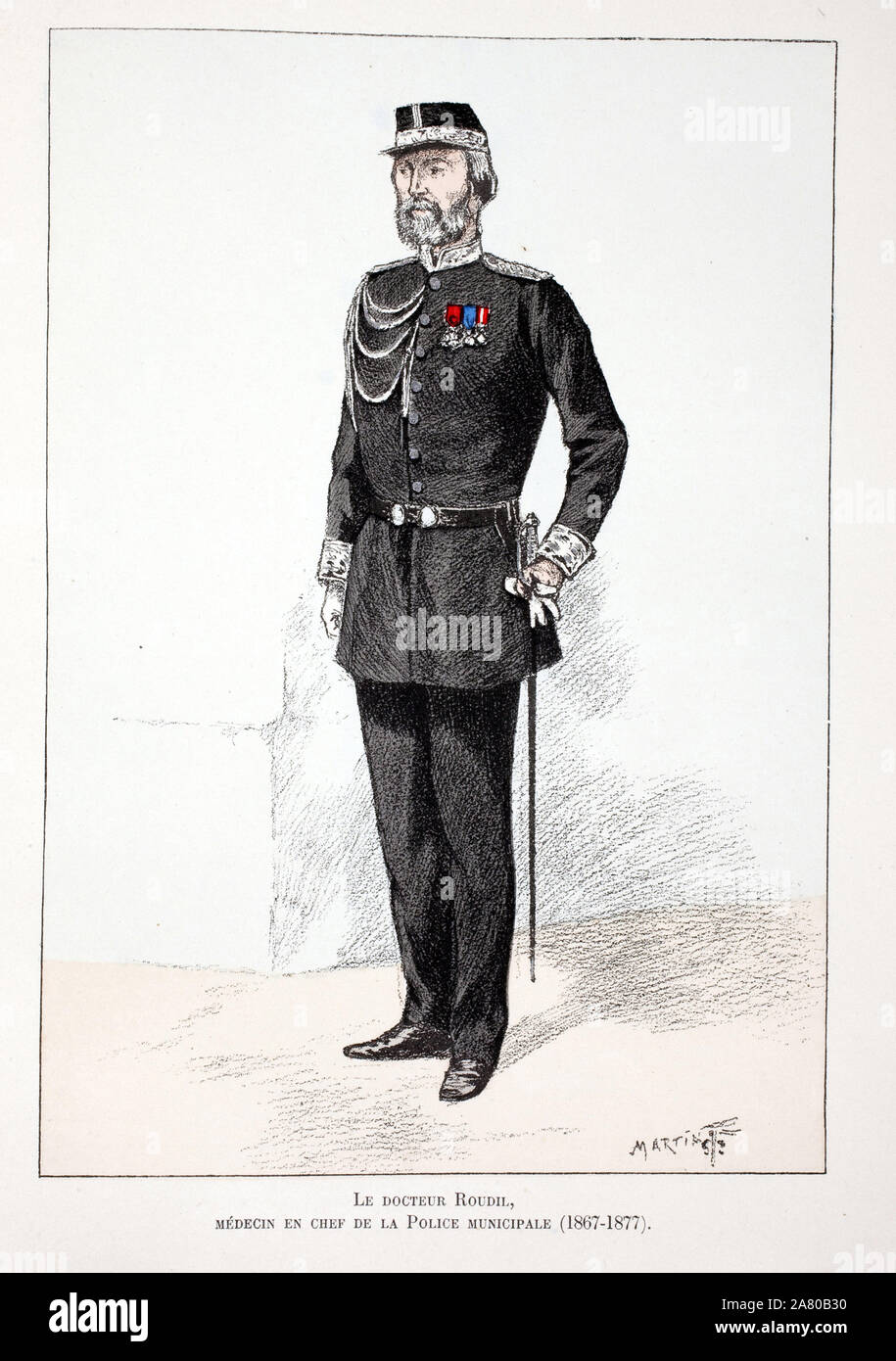 Le docteur Roudil, médecin en chef de la police municipale (1867-1877). Eau forte en couleurs, pour illustrer "Histoire du corps des gardiens de la pa Banque D'Images