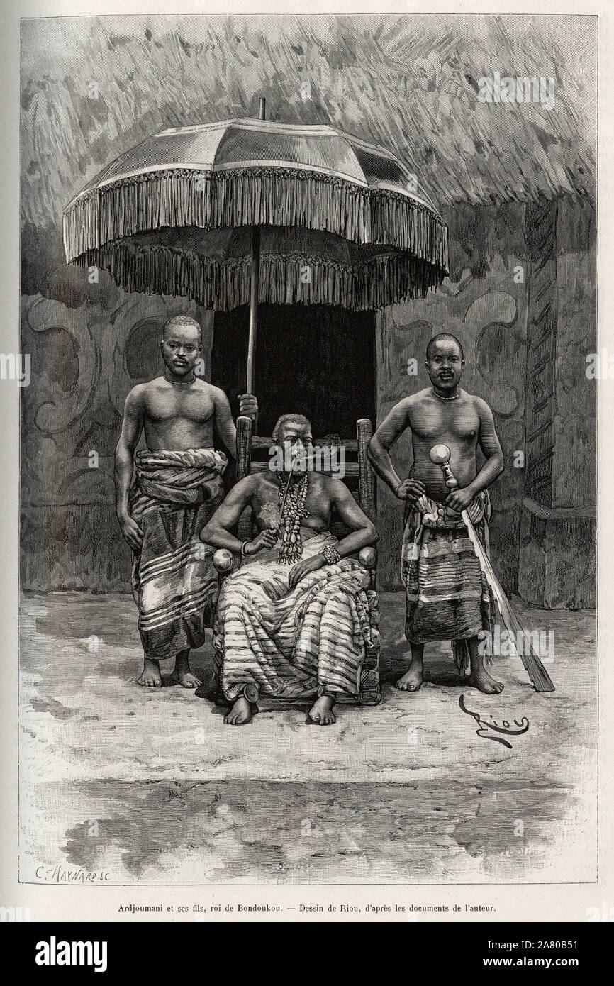 Ardjoumani (mort en 1892) et ses fils, roi de Bondoukou (Côte d'Ivoire). Gravure de Riou, pour illustrer le recit du Niger au golfe de Guinée par l' Banque D'Images