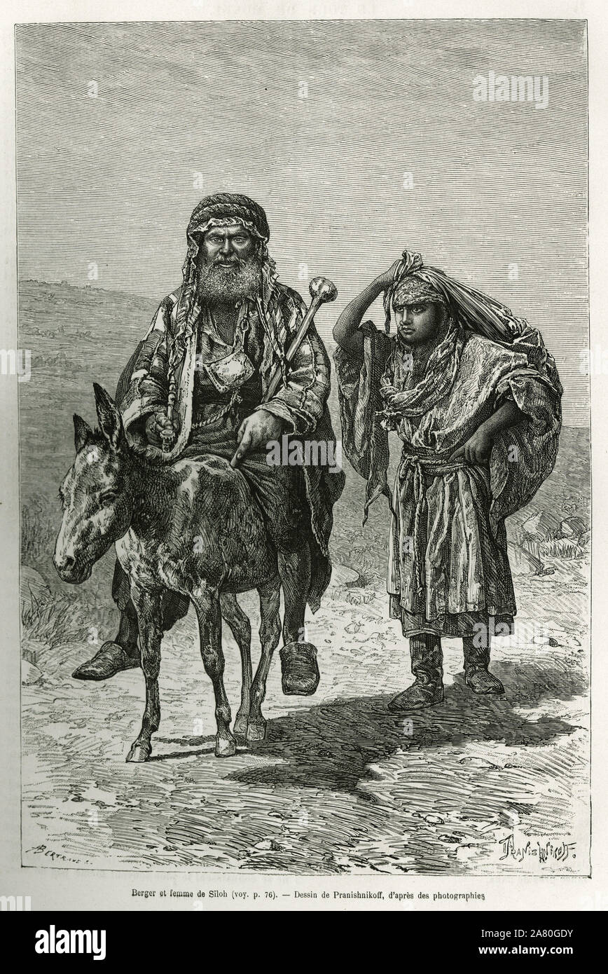 Berger et femme de Siloh. Gravure de Y.Pranishnikoff, pour illustrer le recit la Syrie d'aujourd'hui, par M.Lortet, doyen de la faculte de medecine de Banque D'Images