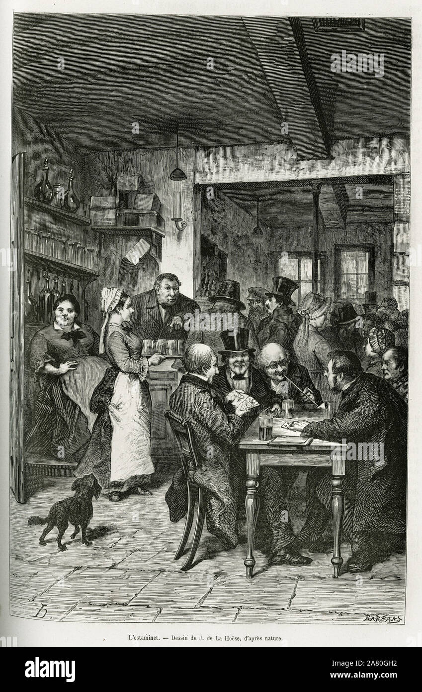 L'estaminet, lieu typique de convivialite et sociabilite bruxelloise. Gravure de J. de la Hoese, pour illustrer le recit la Belgique par Camille Lemon Banque D'Images