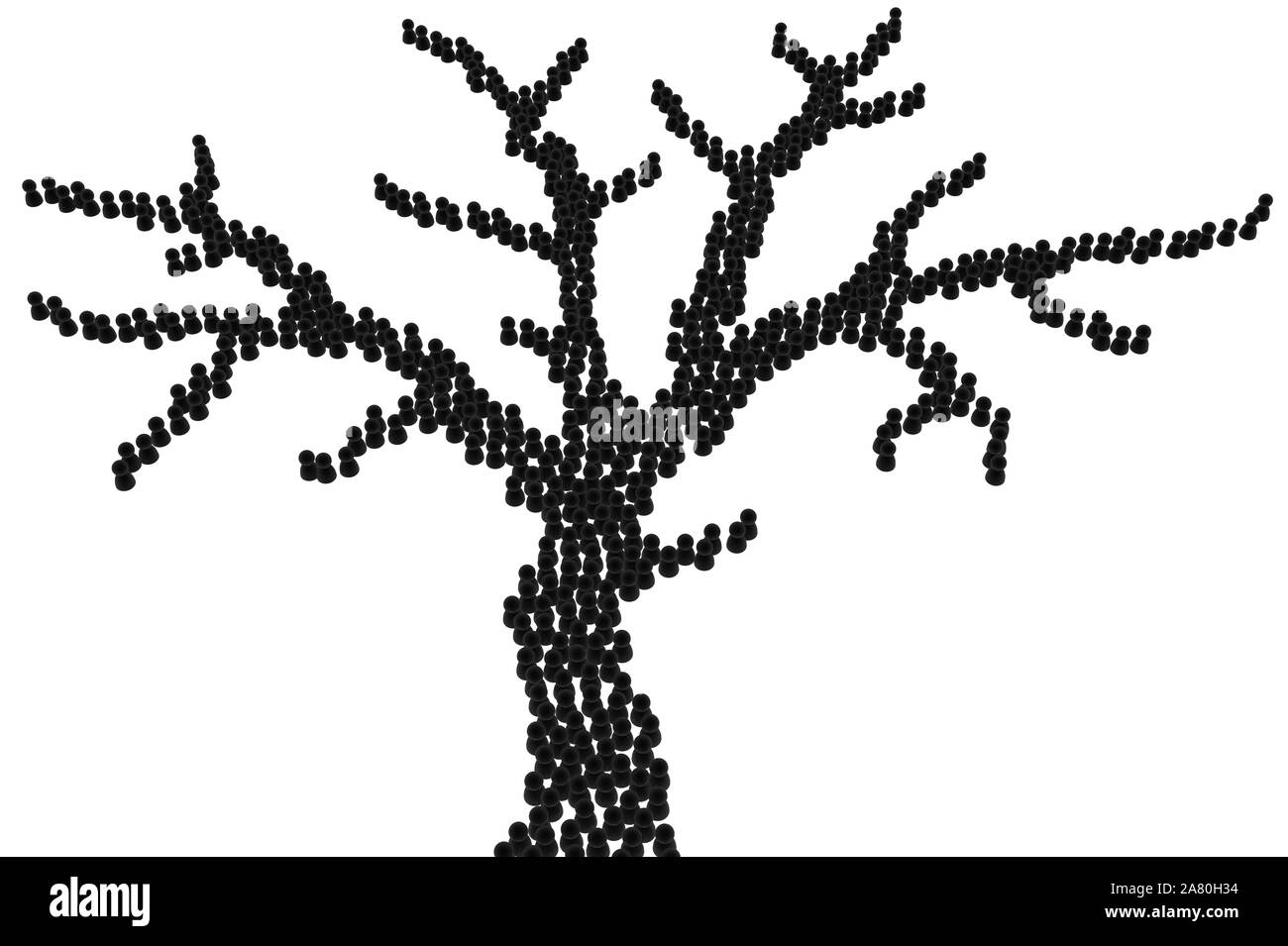 Foule de petits chiffres noirs symbolique forme d'arbre avec branches formant, 3d illustration, horizontal, isolé, over white Banque D'Images