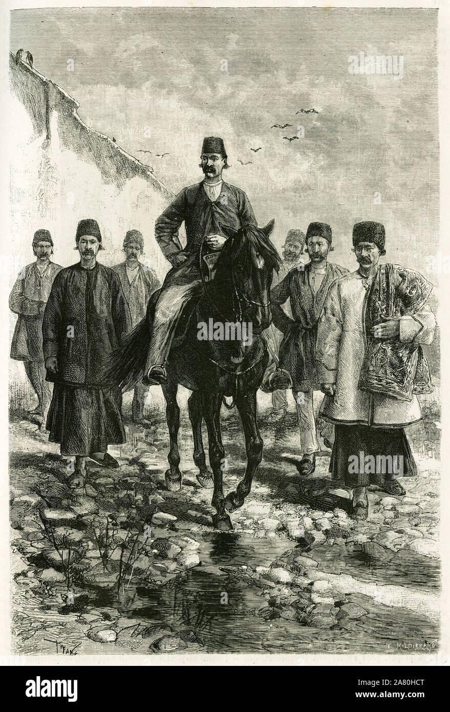 Le gouverneur de Kachan (ou Kashan, dans la province de Téhéran, Iran actuelle) monte sur un cheval noir et sa suite un pied. Gravure de Tofani, d'apre Banque D'Images