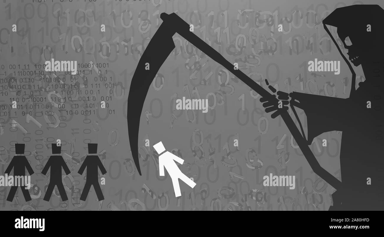 Grim Reaper mort ombre figure la sélection de personne, la réalité virtuelle du cyberespace gris abstract 3d illustration, horizontal Banque D'Images