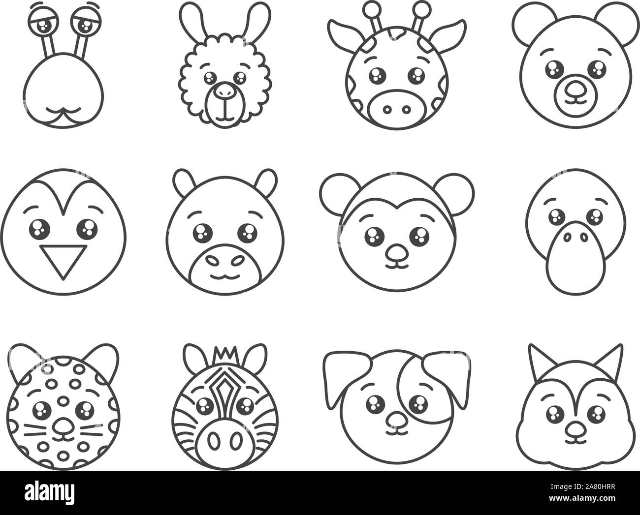 Tête animaux cartoon icons set style lignes vector illustration Image ...
