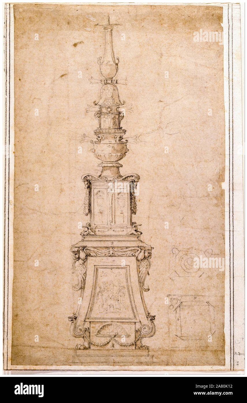 Michelangelo Buonarroti, conception d'un candélabre, dessin, 1530 Banque D'Images