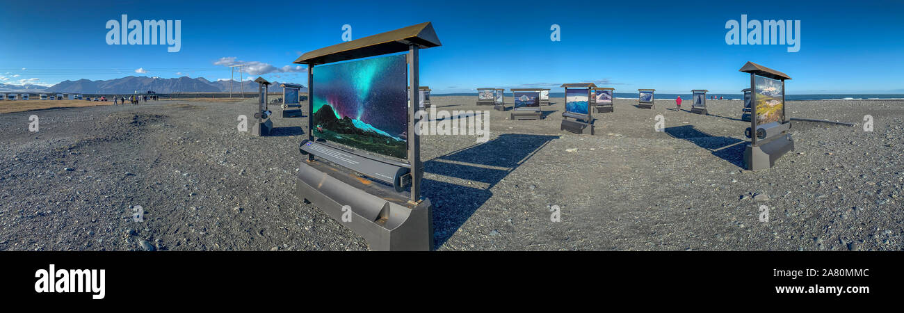 Exposition de photos en plein air, Jokulsarlon Glacial Lagoon, parc national du Vatnajökull, l'Islande, Site du patrimoine mondial de l'Unesco. Toutes les images par la glace professionnel Banque D'Images