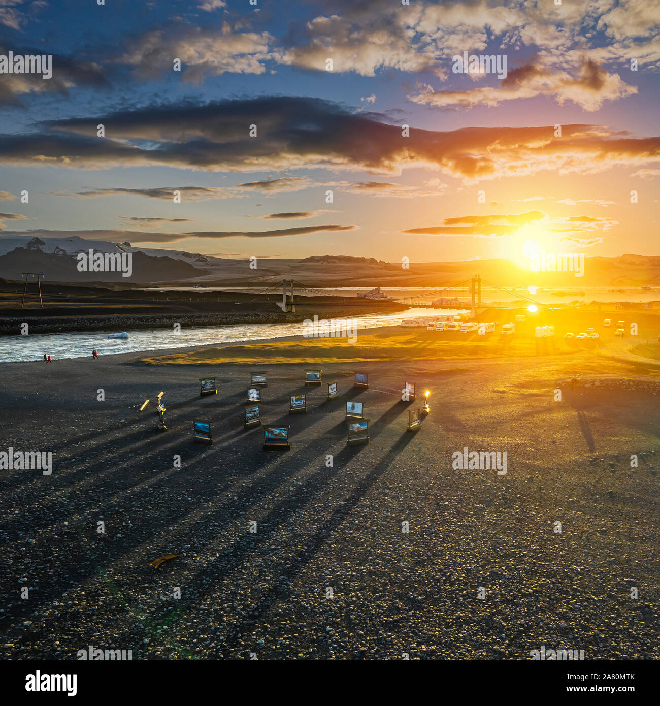 Exposition de photos en plein air, Jokulsarlon Glacial Lagoon, parc national du Vatnajökull, l'Islande, Site du patrimoine mondial de l'Unesco. Toutes les images par la glace professionnel Banque D'Images