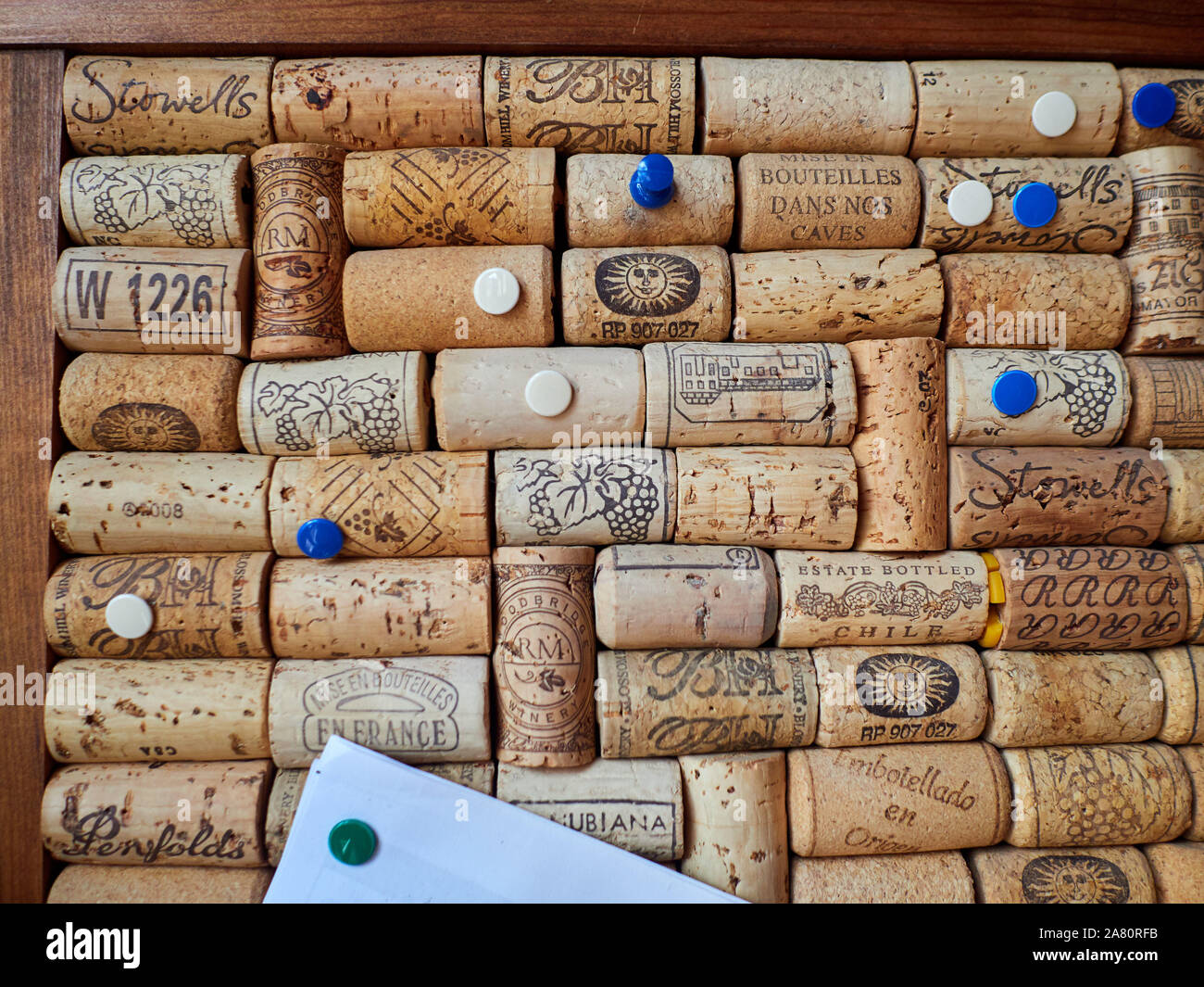 Un panneau de liège fabriqué à partir de vieux vin bouchons dans un cadre en bois avec wihite bleu et broches. Banque D'Images