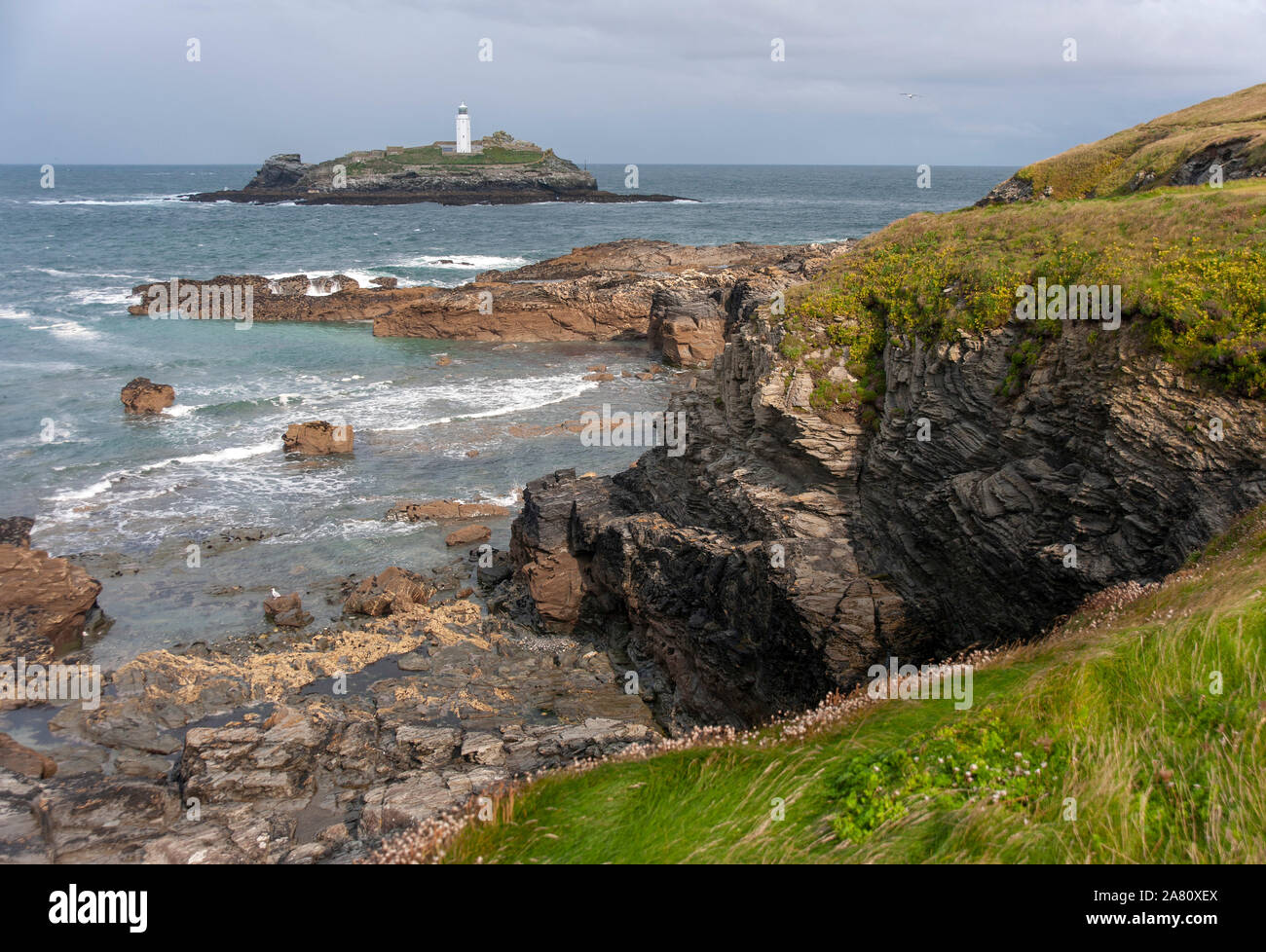 St Ives, Cornwall, Navax Point, Godrevy Lighthouse Banque D'Images