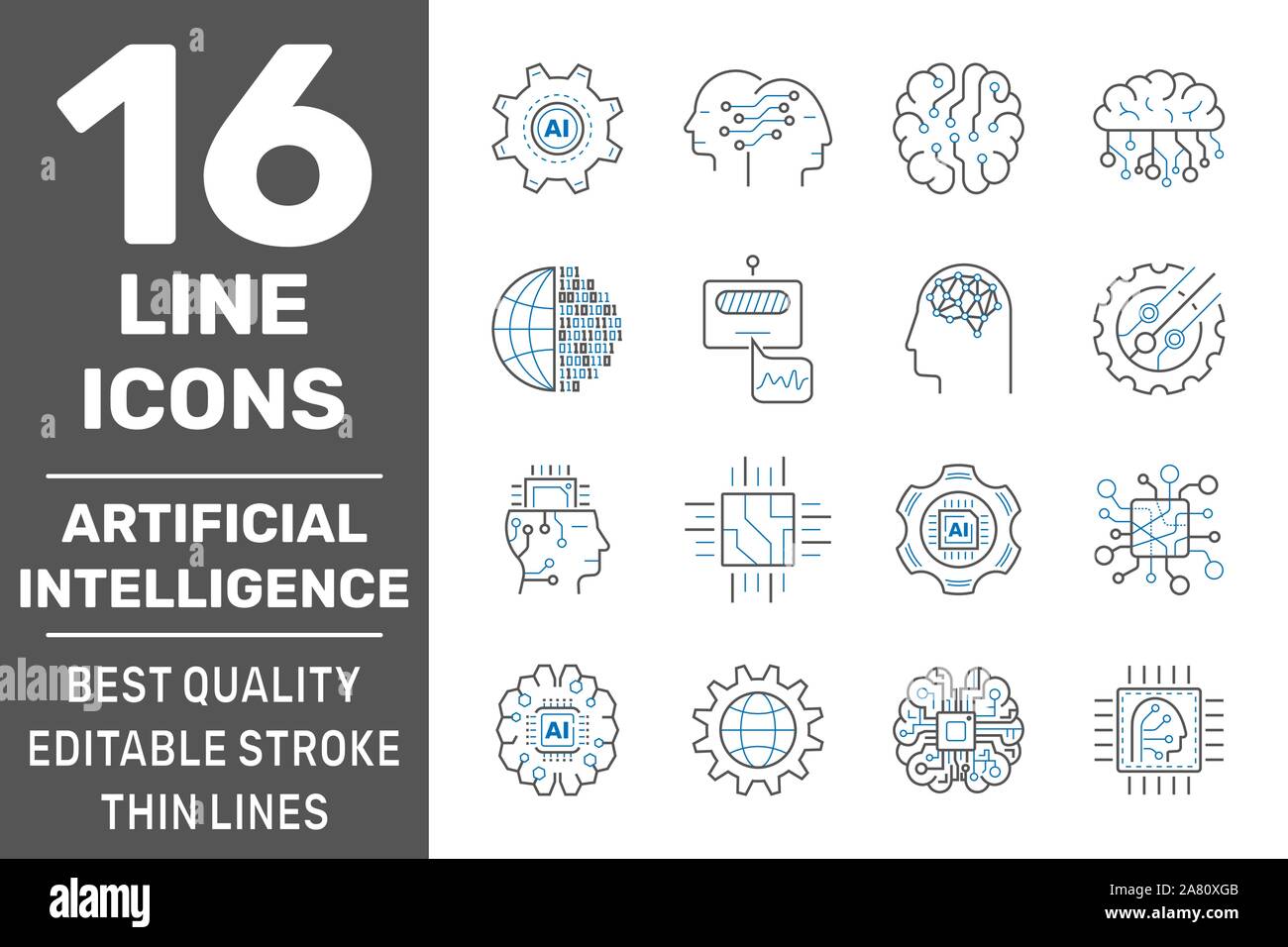 L'Intelligence Artificielle ligne vectorielle Icons Set. Cyber-cerveau, la reconnaissance faciale, Android, Robot humanoïde, pensant la machine. Avc. modifiable EPS 10 Illustration de Vecteur