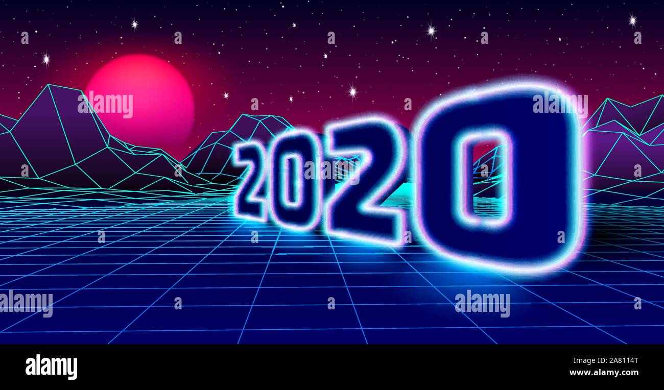 2020 L'enseigne au néon pour 80s retro style célébration du Nouvel An avec grille de jeu d'arcade et du paysage soleil pourpre Illustration de Vecteur