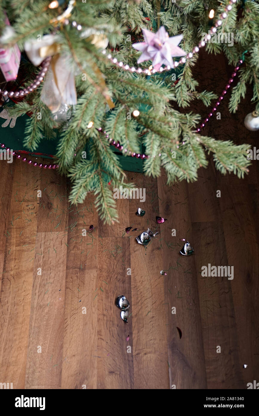À la fin de la saison de Noël, le sapin de Noël perd ses aiguilles. Les  décorations de Noël sont basse et d'une balle a déjà tombé Photo Stock -  Alamy