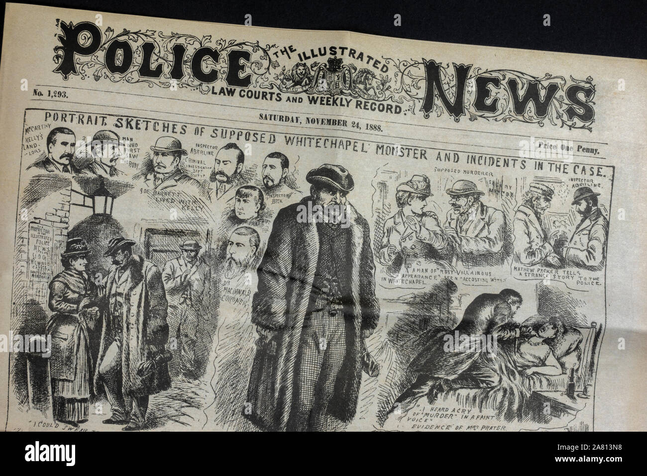 Jack l'Eventreur era journal (réplique) : Nouvelles de la police (24 novembre 1888) Première page montrant des croquis portrait des suspects. Banque D'Images