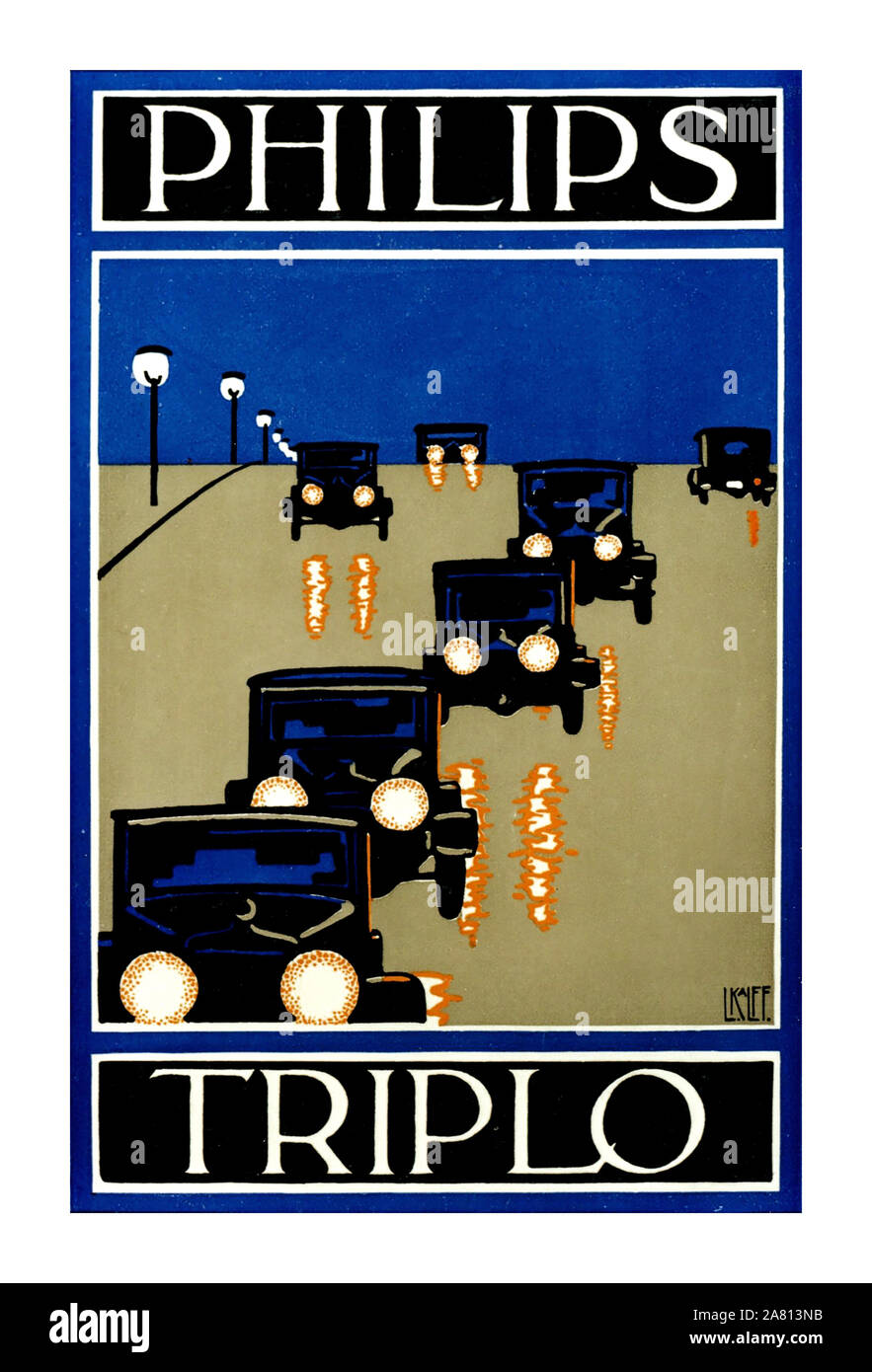 Publicité Philips Vintage Triplo Location Autolamp Projecteur 1930 affiche publicitaire par Louis Kalff Artiste Designer Banque D'Images