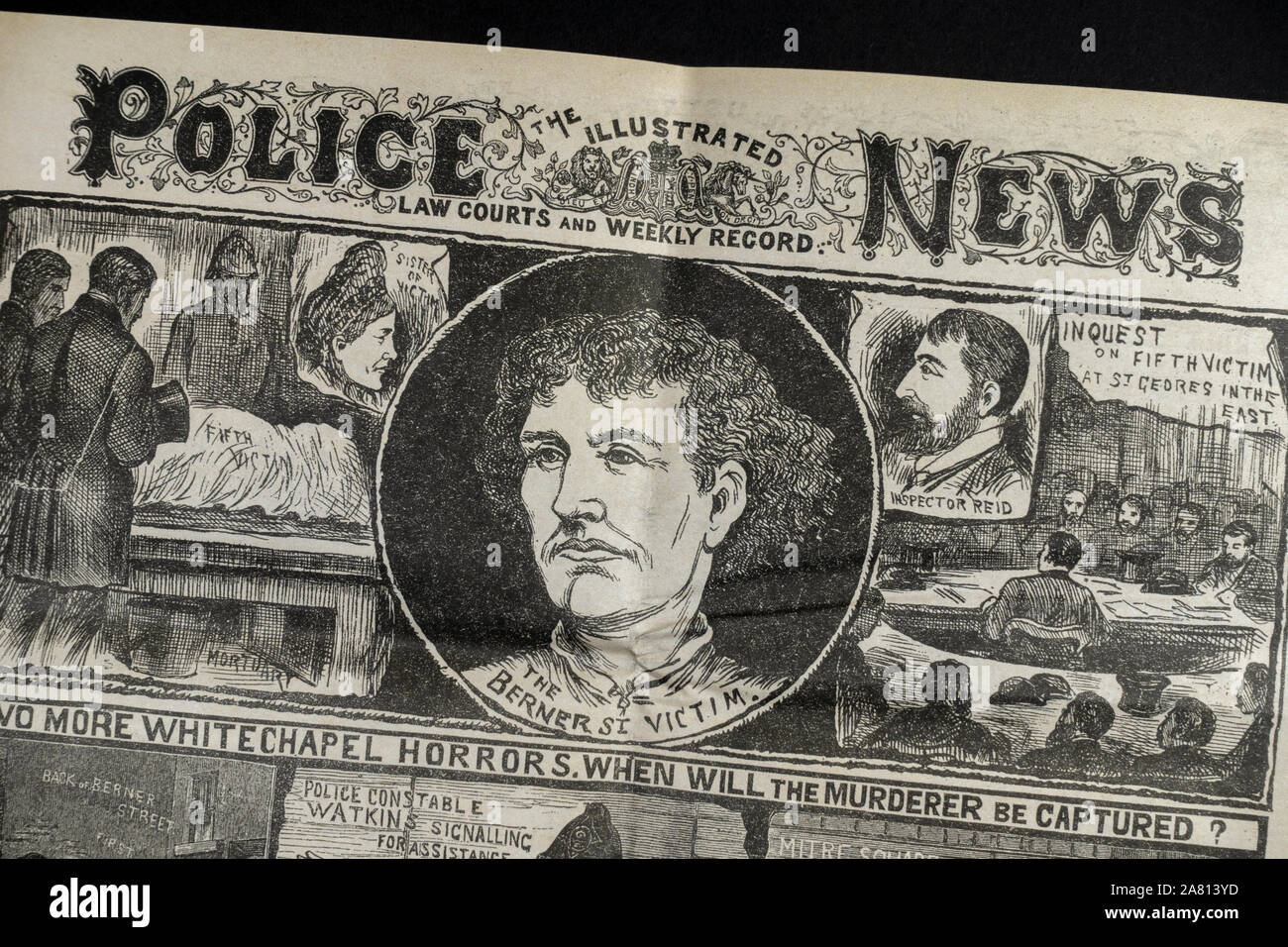 Jack l'Eventreur era journal (réplique) : Police illustrée à la une montrant le meurtre d'Elizabeth Stride dans Berner Street. Banque D'Images