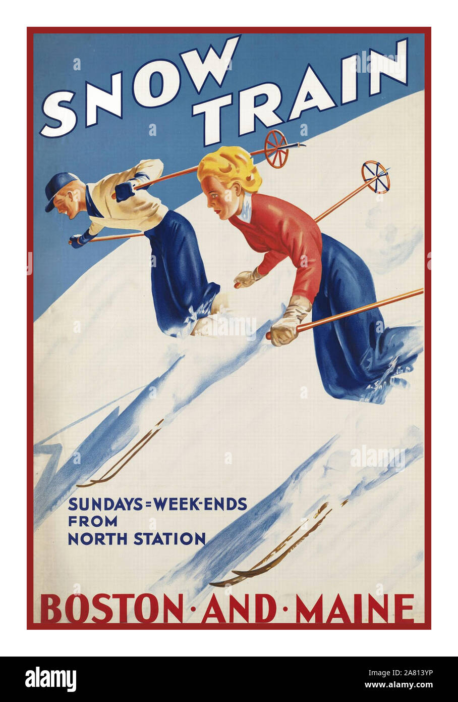 TRAIN DES NEIGES Vintage affiche 1930 Train des Neiges Boston and Maine Ski Sport d'hiver Billet Boston & Maine RR - Train des Neiges - Vintage Railroad Travel Poster USA Amérique latine Banque D'Images