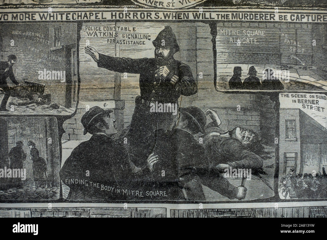 Jack l'Eventreur era journal (réplique) : Police illustrée à la une montrant le meurtre d'Elizabeth Stride dans Berner Street. Banque D'Images